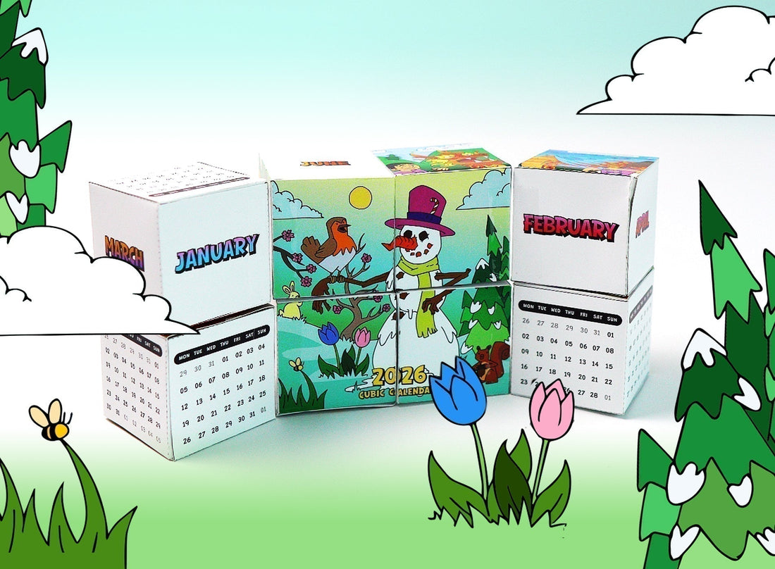 A papercraft 2026 cubic calendar with folding cube faces showing months and seasonal illustrations like a snowman and robin