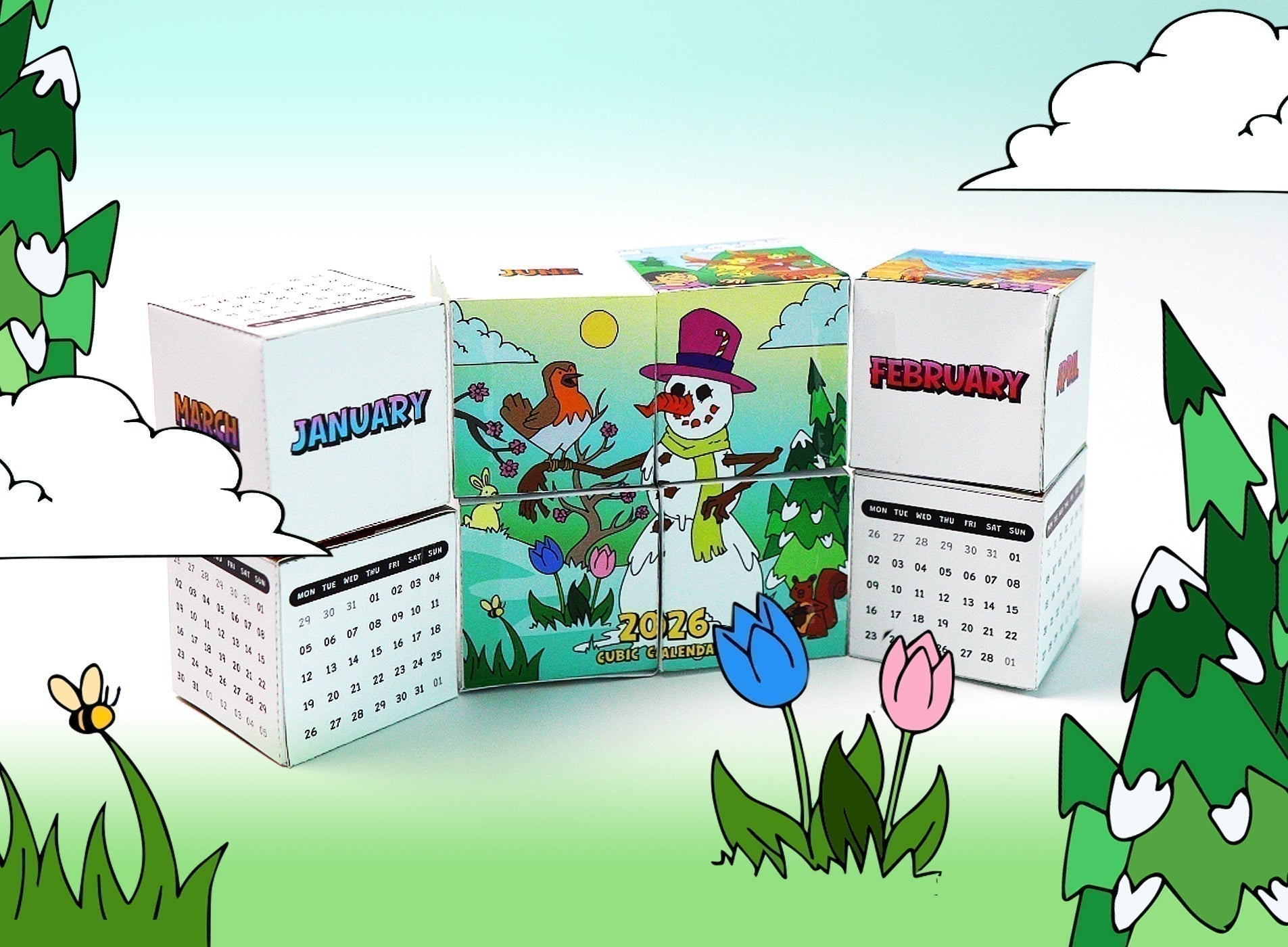 A papercraft 2026 cubic calendar with folding cube faces showing months and seasonal illustrations like a snowman and robin