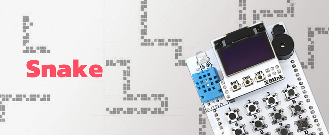 The amomii IR Hacks board running a Snake game, with pixel snake trails in the background