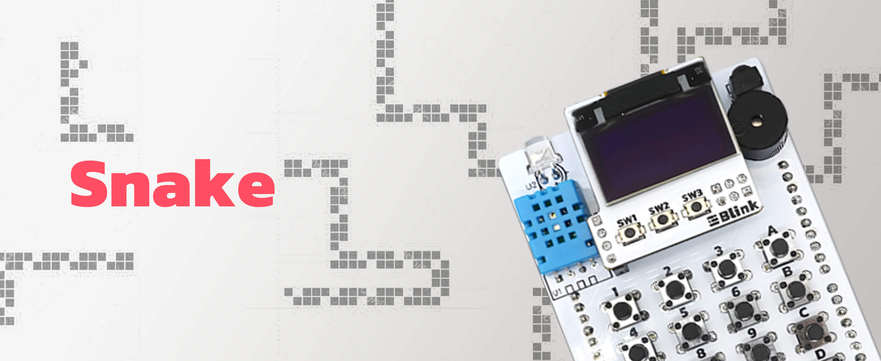 The amomii IR Hacks board running a Snake game, with pixel snake trails in the background