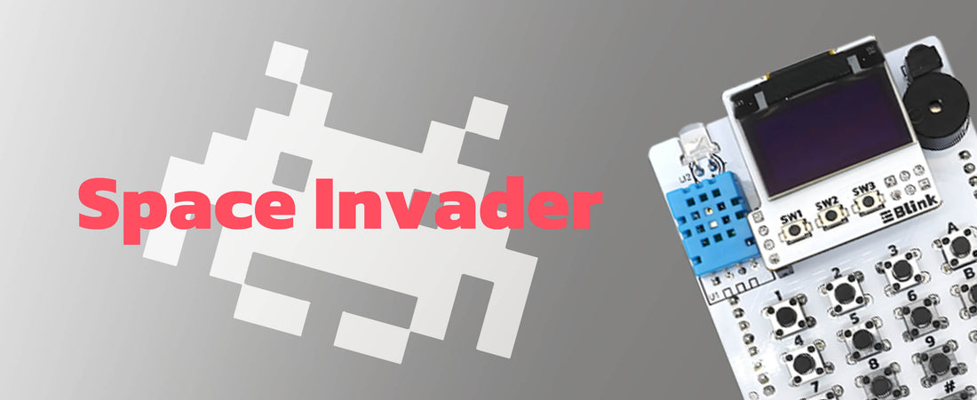 The amomii IR Hacks board running Space Invaders, with a pixel-art alien invader graphic