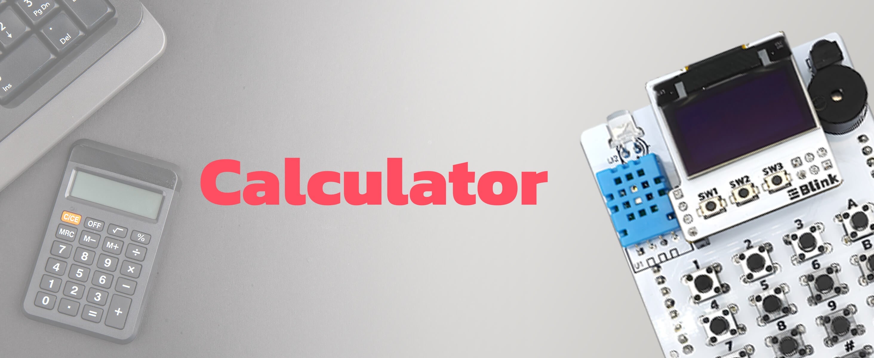 The amomii IR Hacks board used as a calculator, shown beside a pocket calculator and number pad