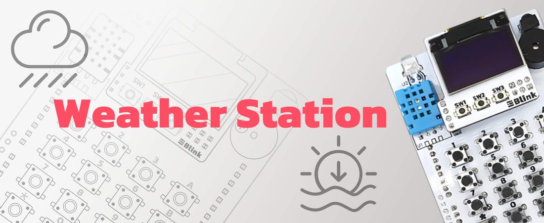 The amomii IR Hacks board set up as a weather station with its temperature and humidity sensor and weather icons