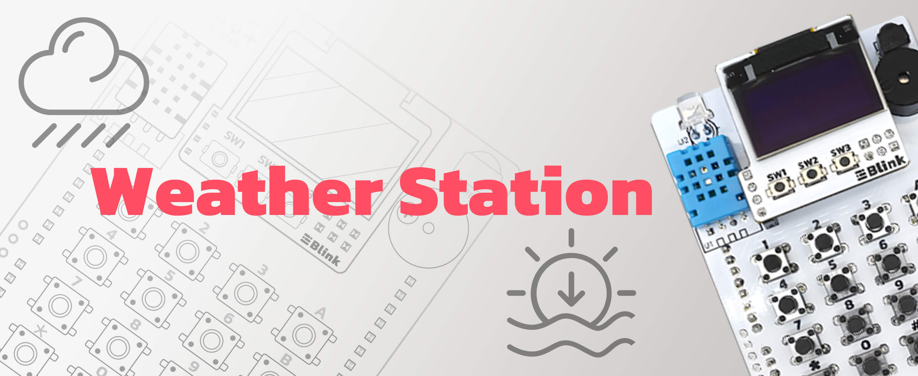 The amomii IR Hacks board set up as a weather station with its temperature and humidity sensor and weather icons