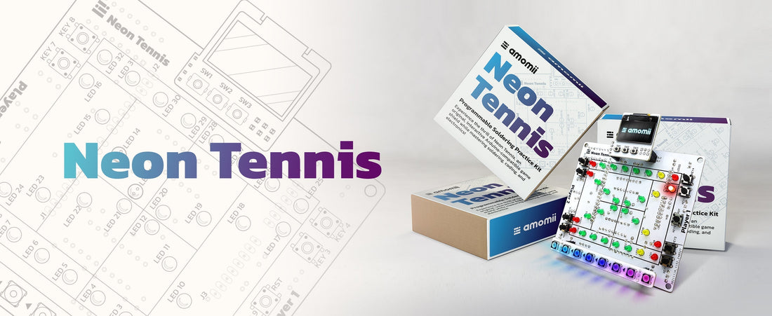 Banner for the amomii Neon Tennis project showing the retail box and the assembled game board with lit LEDs